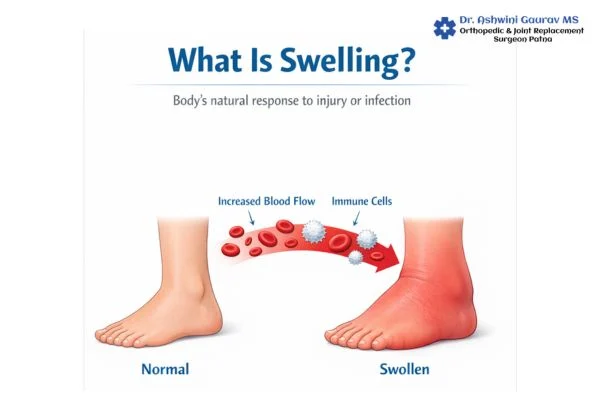 What is swelling – normal vs swollen foot showing inflammation and increased blood flow in injured tissue
