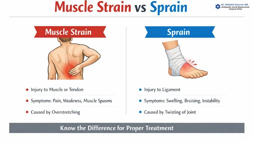 Muscle strain vs sprain difference with symptoms causes and injury comparison infographic