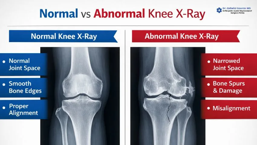 Normal vs abnormal knee x ray lateral view comparison by Dr. Ashwini Gaurav.