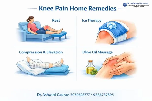 Knee Pain Home Remedies – Rest, Ice Therapy, Compression Elevation and Olive Oil Massage for Knee Pain Relief in India